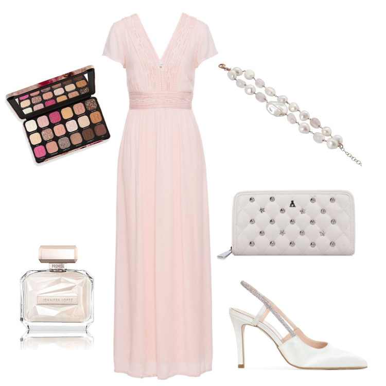 Outfit donna - L’abito romantico. Stile Romantica per Cerimonia. Abbinamento con vestiti lunghi, décolleté, braccialetti, portafogli, ombretti, profumi.