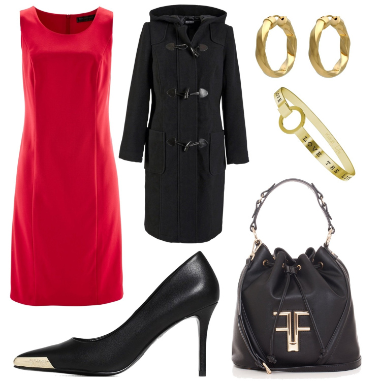 Outfit donna - Romantic red. Stile Casual chic per Serata fuori. Abbinamento con montgomery, vestiti a tubino, orecchini, décolleté, borse a secchiello, braccialetti.