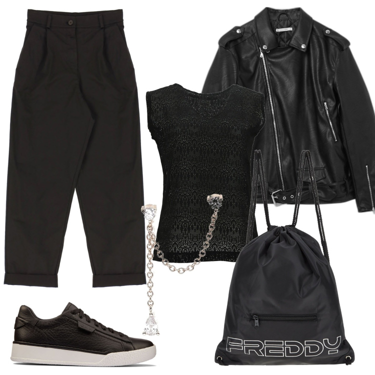 Outfit donna - Tendenzialmente Rock. Stile Rock per Tutti i giorni. Abbinamento con orecchini, cappotti, sneakers, t-shirt, zaini, pantaloni.