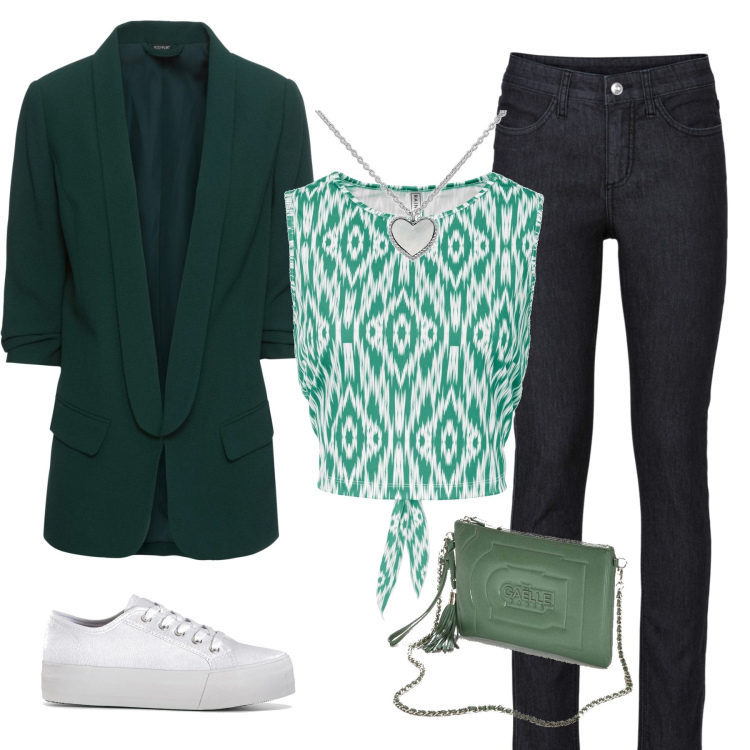 Outfit donna - Total look #1552675. Stile Casual chic per Tutti i giorni. Abbinamento con blazer, jeans skinny, sneakers, top, pochette, collane.