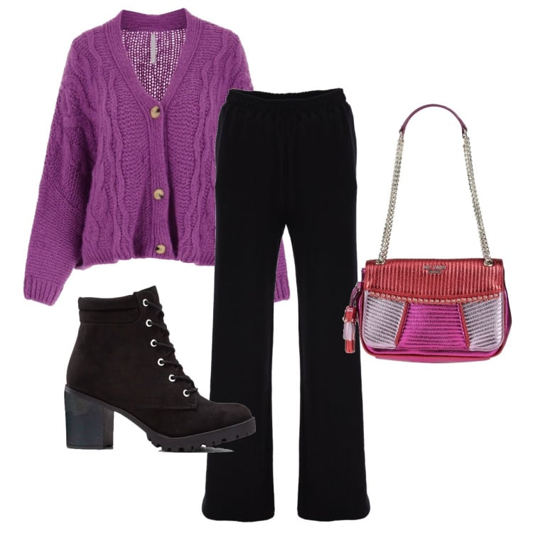 Outfit donna - Un po’ di colore. Stile Casual per Tutti i giorni. Abbinamento con stivaletti, borse a spalla, cardigans, pantaloni.