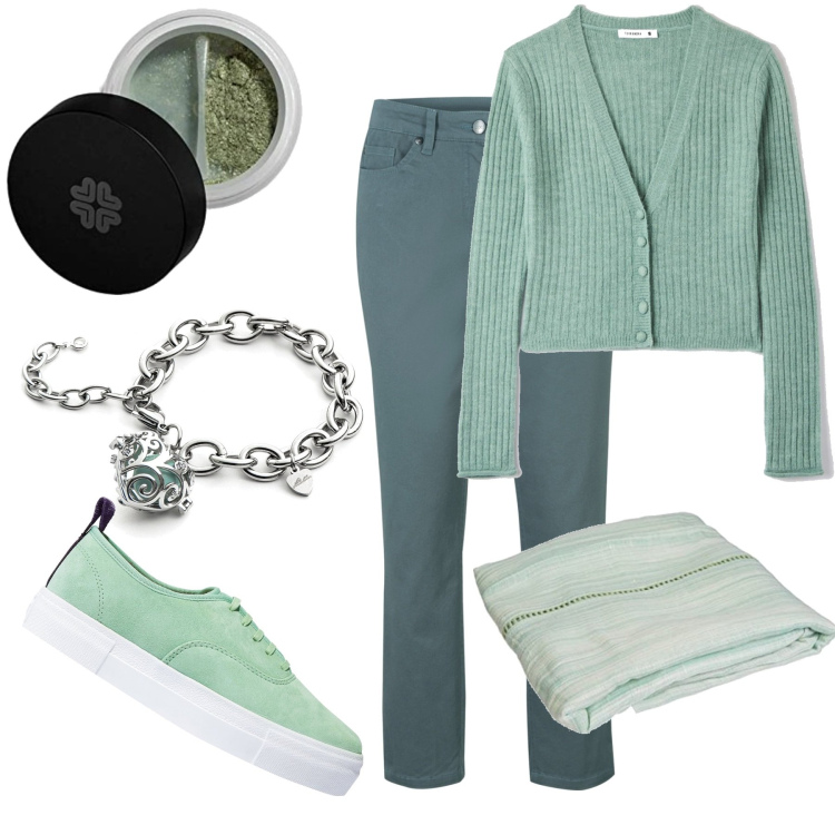 Outfit donna - Latte e menta. Stile Basic per Tutti i giorni. Abbinamento con pantaloni, sneakers, cardigans, braccialetti, sciarpe, ombretti.