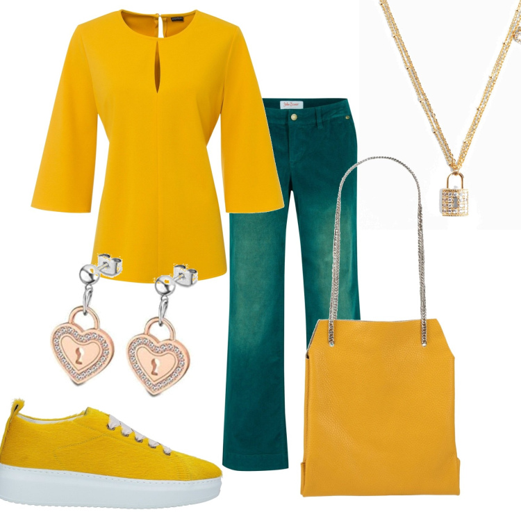 Outfit donna - Il giallo e verde. Stile Casual chic per Tutti i giorni. Abbinamento con pantaloni, bluse, collane, sneakers, borse a mano, orecchini.