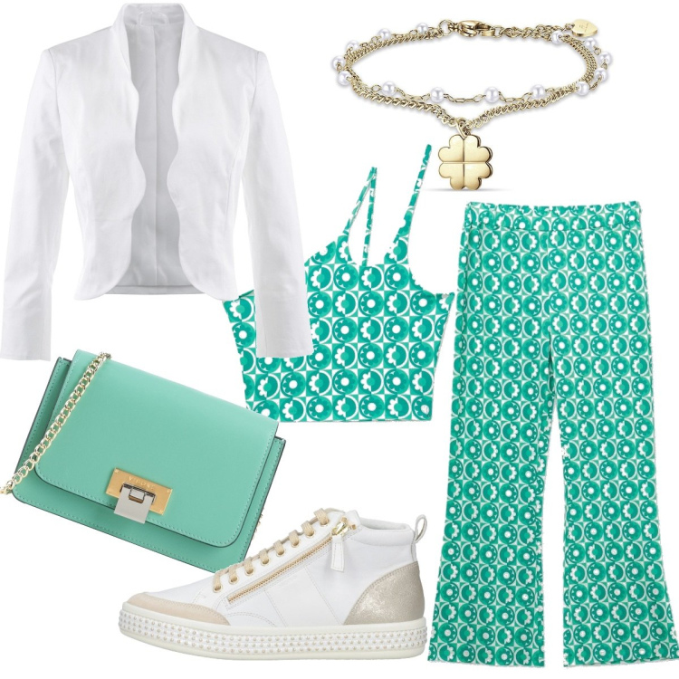 Outfit donna - Oro e perline. Stile Trendy per Serata fuori. Abbinamento con blazer, borse a tracolla, sneakers, braccialetti, leggings, top.