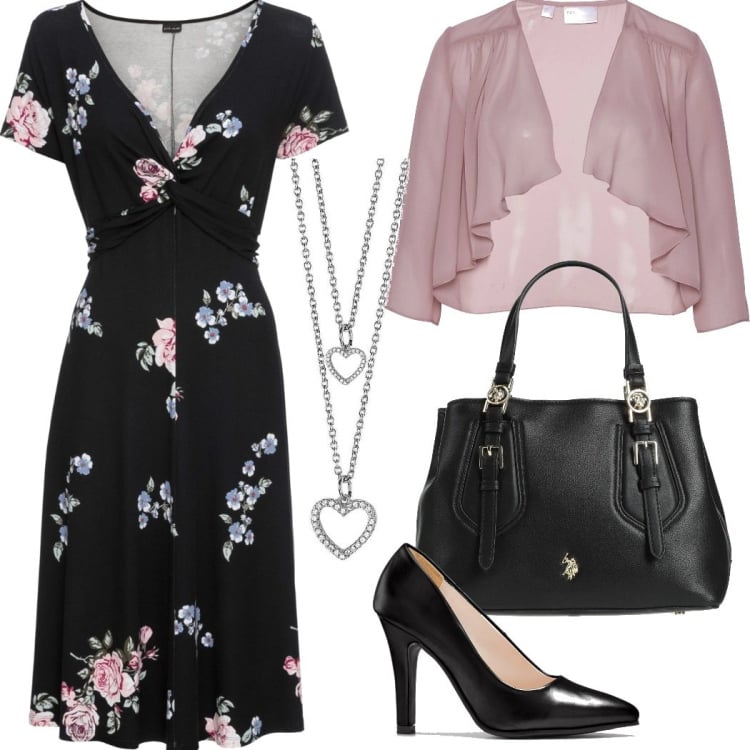 Outfit donna - Il vestito a fiori. Stile Chic per Cerimonia. Abbinamento con vestiti lunghi, blazer, décolleté, borse a mano, collane.
