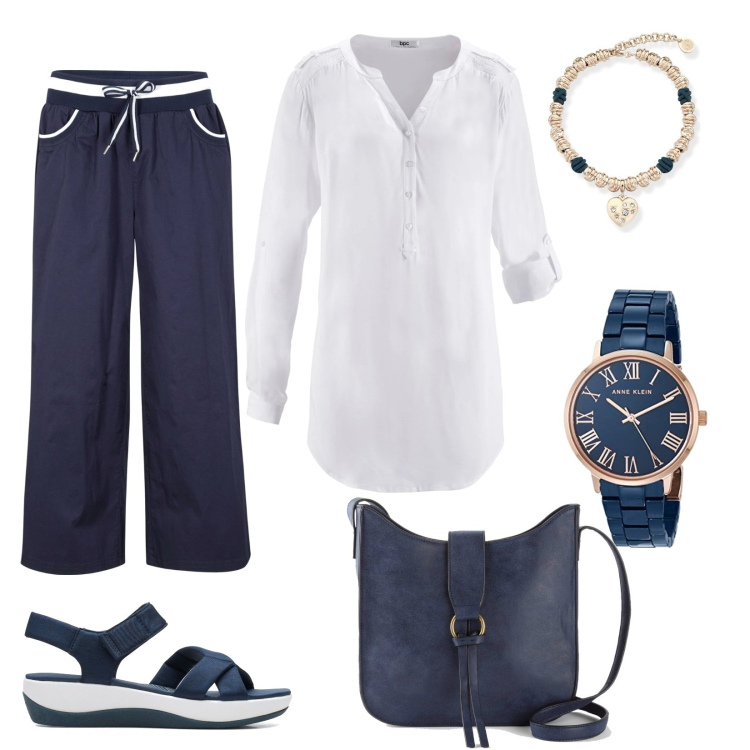 Outfit donna - Look mare. Stile Casual per Tutti i giorni. Abbinamento con tuniche, pantaloni culotte, borse a tracolla, braccialetti, sandali, orologi.