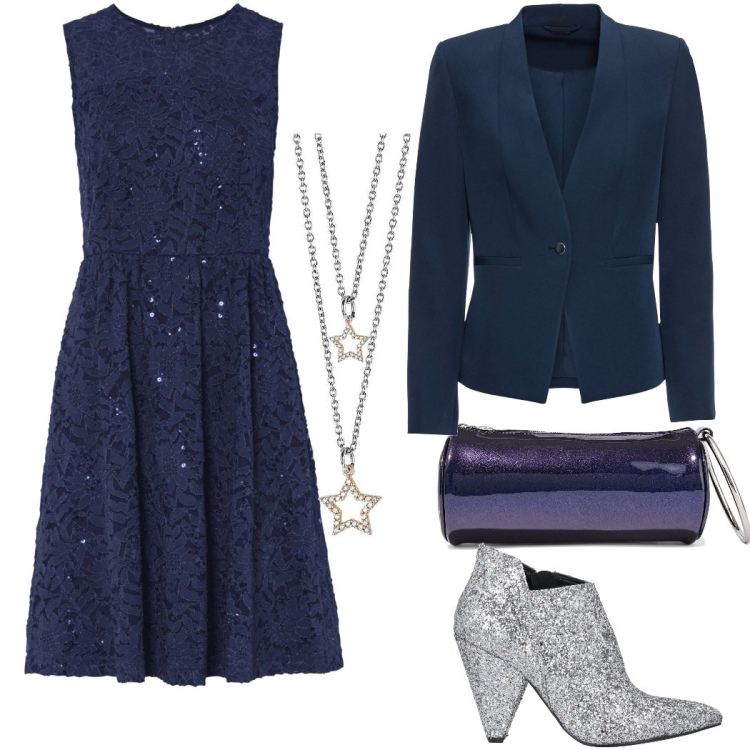 Outfit donna - Starry night. Stile Romantica per Serata fuori. Abbinamento con vestiti, blazer, stivaletti, borse a mano, collane.