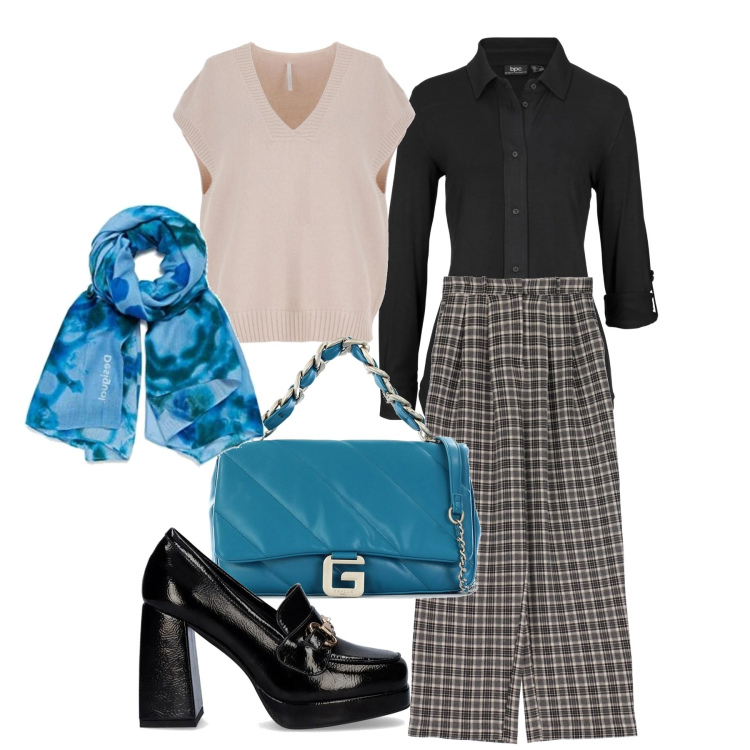 Outfit donna - L\'azzurro che aspetto. Stile Bon Ton per Tutti i giorni. Abbinamento con camicie, borse a mano, mocassini, pantaloni a palazzo, pullovers, sciarpe.