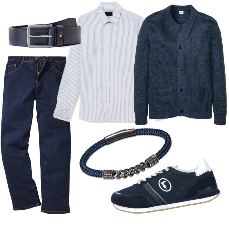 Outfit uomo - Informale e preciso. Stile Casual per Ufficio. Abbinamento con jeans dritti, cardigans, sneakers, camicie, cinture, braccialetti.