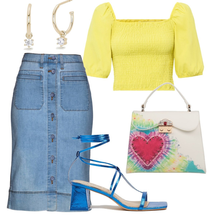 Outfit donna - Aria di primavera. Stile Chic per Tutti i giorni. Abbinamento con gonne, bluse, borse a mano, orecchini, sandali in pelle.