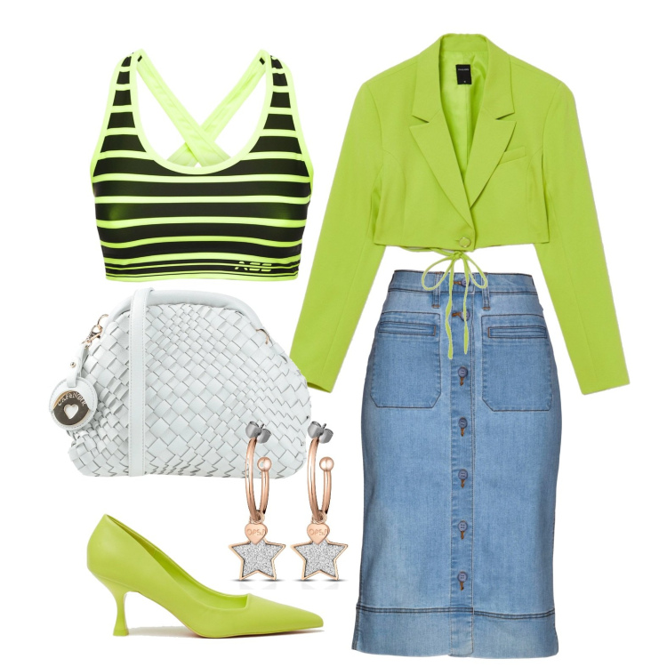Outfit donna - Uno stile originale. Stile Trendy per Tutti i giorni. Abbinamento con gonne, borse a tracolla, orecchini, décolleté, blazer, top.