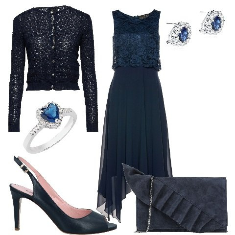 Outfit donna - Elegante cury. Stile Chic per Cerimonia. Abbinamento con vestiti midi/longuette, cardigans, sandali in pelle, borse a mano, anelli, orecchini.