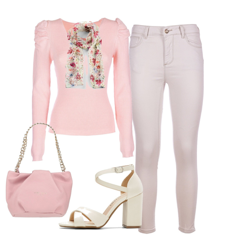 Outfit donna - In città. Stile Romantica per Tutti i giorni. Abbinamento con foulard, sandali col tacco, borse a mano, maglieria, jeans skinny.