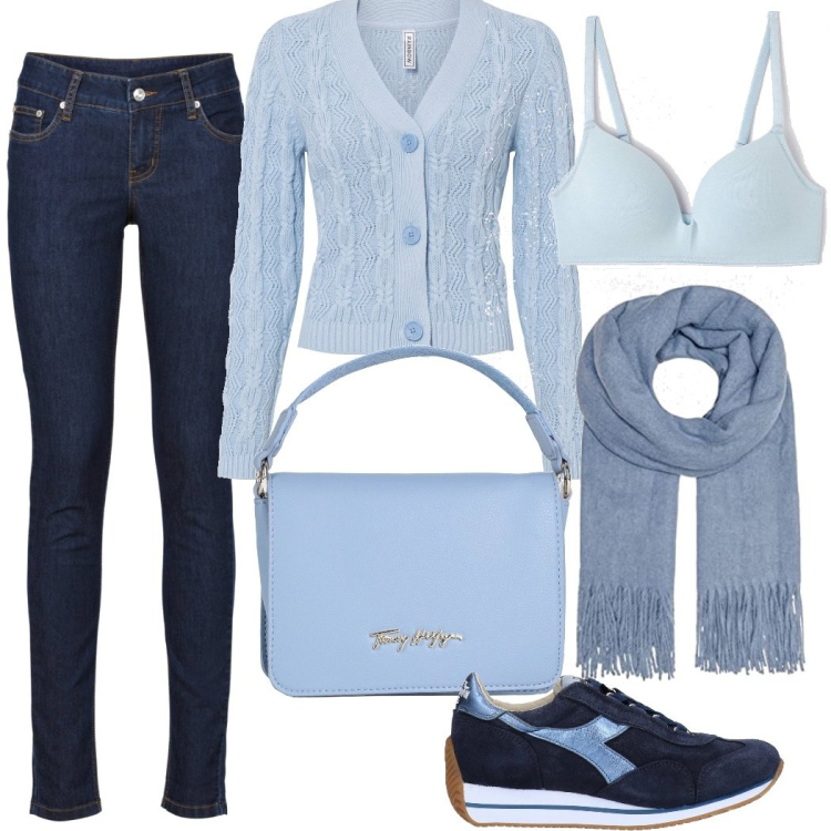 Outfit donna - Basic #3556. Stile Basic per Tutti i giorni. Abbinamento con jeans skinny, cardigans, sneakers, borse a mano, reggiseni, sciarpe.