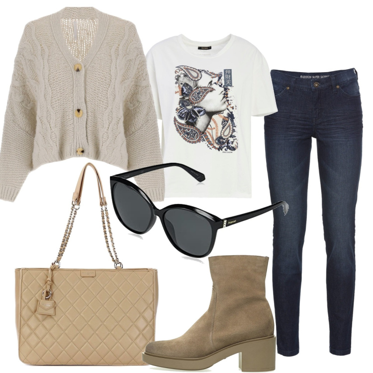 Outfit donna - Jeans t-shirt e via. Stile Casual per Tutti i giorni. Abbinamento con jeans skinny, stivaletti, shopping bag, t-shirt, cardigans, occhiali da sole.