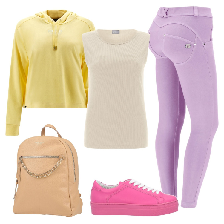 Outfit donna - Colore e Freddy a primavera. Stile Sporty chic per Tutti i giorni. Abbinamento con zaini, sneakers, pantaloni skinny, felpe con cappuccio, t-shirt.