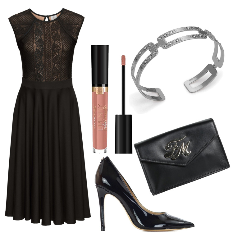 Outfit donna - L\'eleganza del nero. Stile Chic per Serata fuori. Abbinamento con vestiti, borse a mano, décolleté, braccialetti, rossetti.