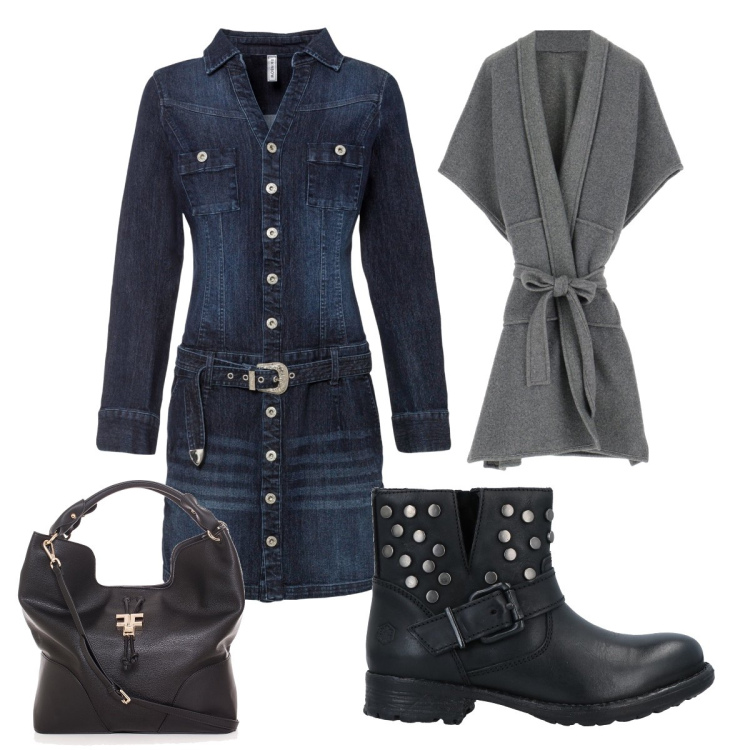 Outfit donna - Sole primaverile. Stile Basic per Tutti i giorni. Abbinamento con vestiti, stivaletti, cardigans, shopping bag.