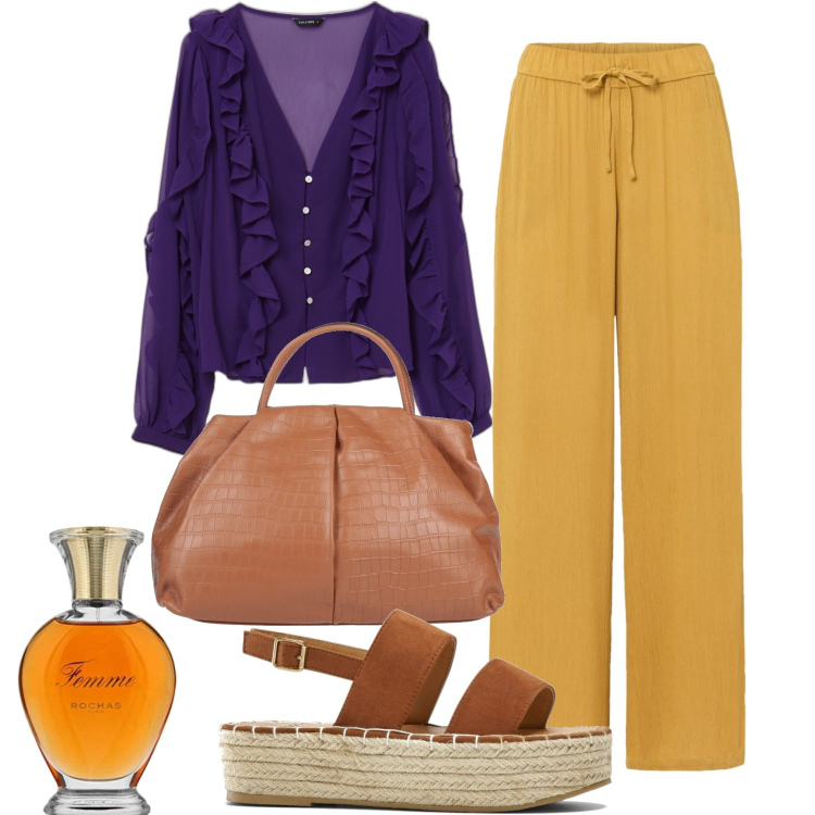 Outfit donna - Violetta e giallo oro. Stile Casual per Tutti i giorni. Abbinamento con pantaloni, sandali, borse a mano, camicie, profumi.