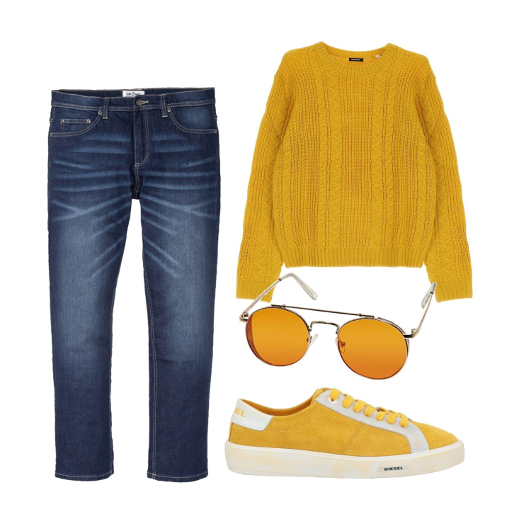 Outfit uomo - Giallo vivace. Stile Casual per Tutti i giorni. Abbinamento con jeans dritti, sneakers, maglieria, occhiali da sole.