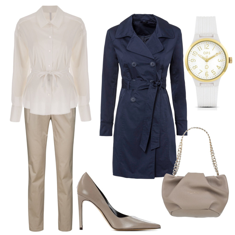 Outfit donna - Outfit- ufficio. Stile Casual chic per Ufficio. Abbinamento con trench, pantaloni chino, borse a mano, décolleté, orologi, camicie.