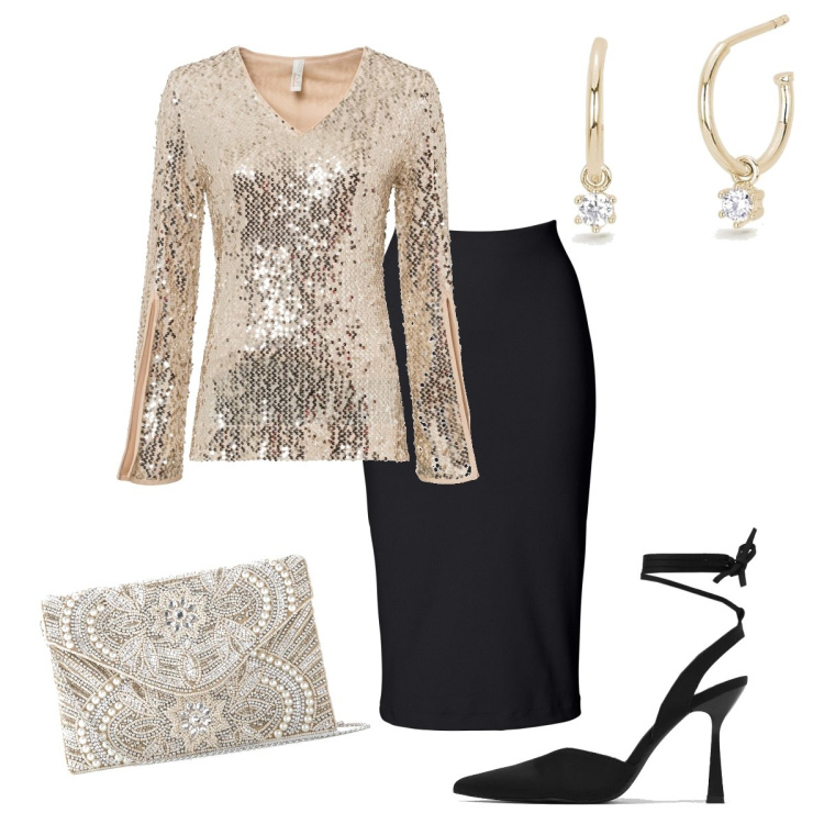 Outfit donna - Gold per la sera. Stile Sexy per Serata fuori. Abbinamento con gonne longuette, pochette, maglieria, orecchini, décolleté.