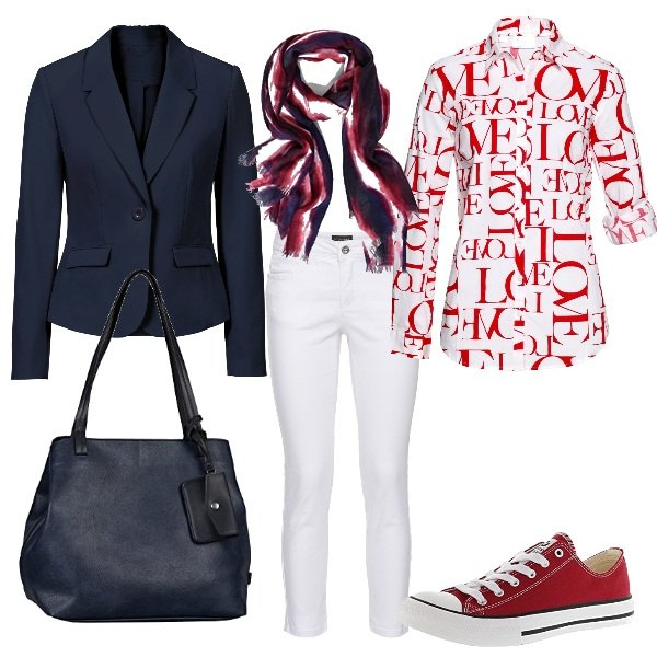 Outfit femme - De bleu de rouge et de blanc. Style Casual pour Tous les jours. Assortir avec tuniques, blazers, pantalon , sneakers, écharpes, sac cabas.
