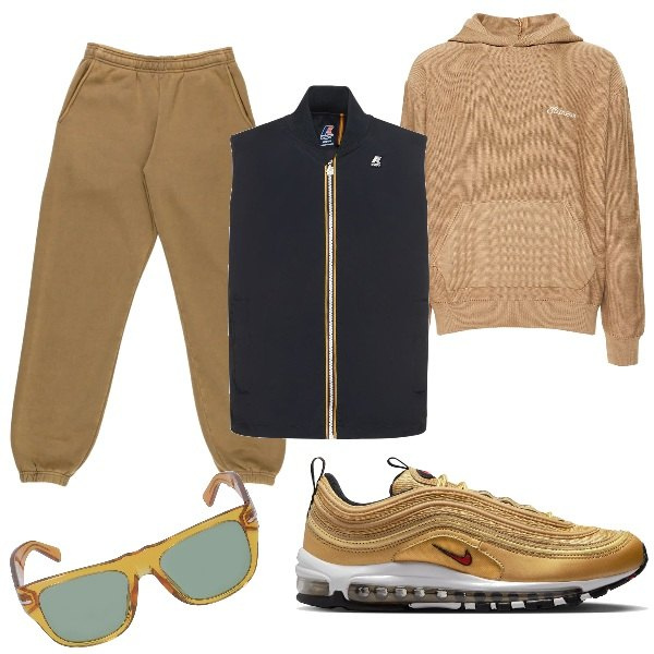 Outfit uomo - Outfit comodo. Stile Urban per Sport. Abbinamento con pantaloni, gilet, felpe con cappuccio, occhiali da sole, sneakers.
