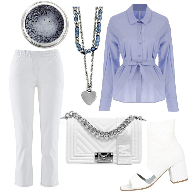 Outfit donna - Total look #1554196. Stile Chic per Ufficio. Abbinamento con pantaloni, stivaletti, borse a spalla, camicie, collane, ombretti.