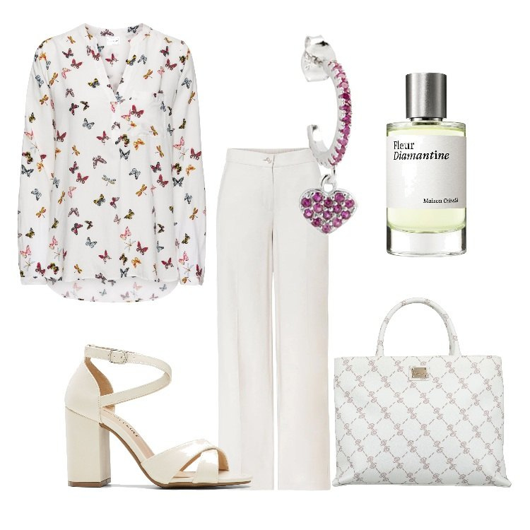 Outfit donna - E primavera sia !. Stile Bon Ton per Tutti i giorni. Abbinamento con bluse, pantaloni a palazzo, sandali col tacco, borse a mano, orecchini, profumi.