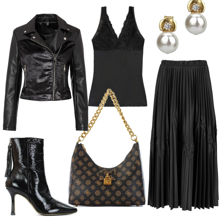 Outfit donna - Donna di carattere. Stile Trendy per Serata fuori. Abbinamento con top, giacche, borse a spalla, stivaletti, gonne longuette, orecchini.