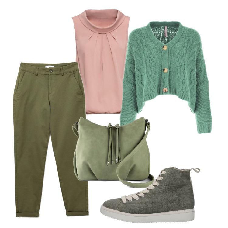 Outfit donna - Cargo col rosa. Stile Urban per Tutti i giorni. Abbinamento con sneakers, top, borse a tracolla, cardigans, pantaloni.