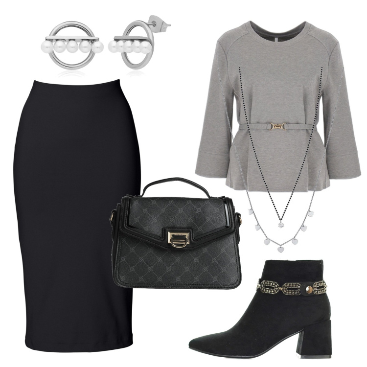 Outfit donna - In ufficio con classe. Stile Casual chic per Tutti i giorni. Abbinamento con gonne longuette, borse a mano, stivaletti, collane, orecchini, maglieria.