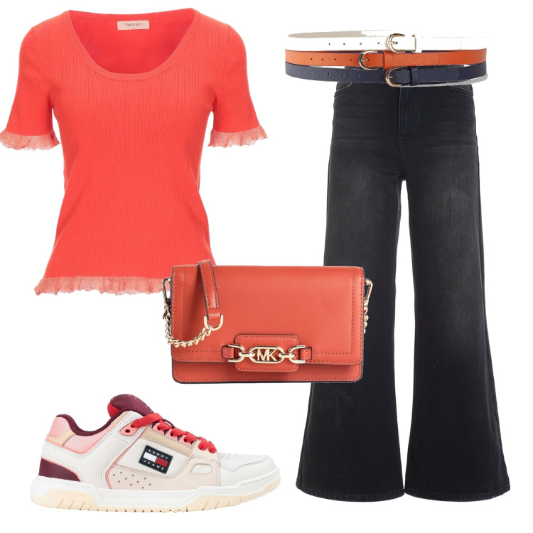 Outfit donna - La maglietta coi volant. Stile Basic per Tutti i giorni. Abbinamento con cinture, pullovers, sneakers, borse a tracolla, jeans.