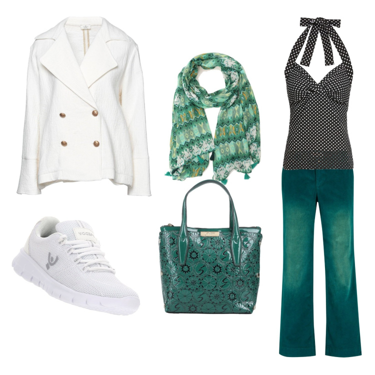 Outfit donna - Risveglio della primavera!. Stile Casual per Tutti i giorni. Abbinamento con pantaloni, top, cappotti, borse a mano, foulard, sneakers.