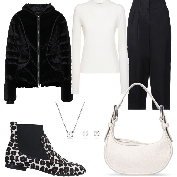 Outfit donna - Giacca in velluto nero. Stile Casual per Tutti i giorni. Abbinamento con stivaletti chelsea, pantaloni, piumini, t-shirt, borse a spalla, collane.