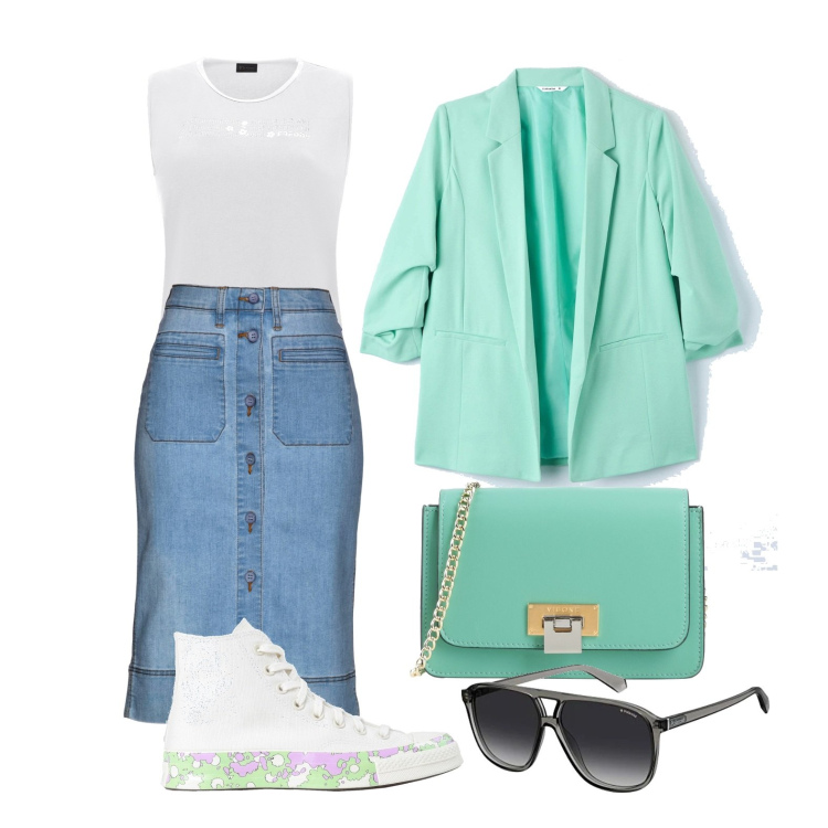 Outfit donna - Il blazer color mojito. Stile Casual per Tutti i giorni. Abbinamento con gonne, sneakers, borse a tracolla, blazer, canottiere, occhiali da sole.
