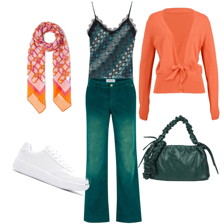 Outfit donna - Arancione intenso. Stile Casual per Tutti i giorni. Abbinamento con pantaloni, cardigans, sneakers, borse a mano, foulard, top.