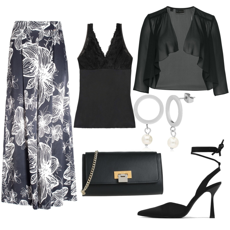 Outfit donna - Cerimonia. Stile Chic per Cerimonia. Abbinamento con top, bolero, borse a tracolla, pantaloni culotte, orecchini, décolleté.