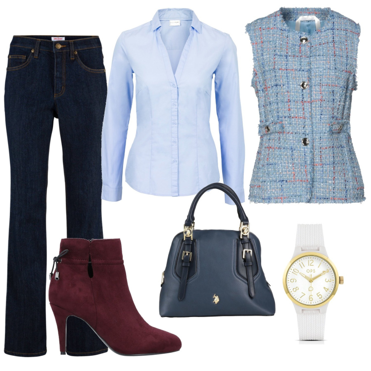 Outfit donna - Outfit- ufficio. Stile Casual chic per Ufficio. Abbinamento con camicie, jeans, blazer, borse a mano, stivaletti, orologi.