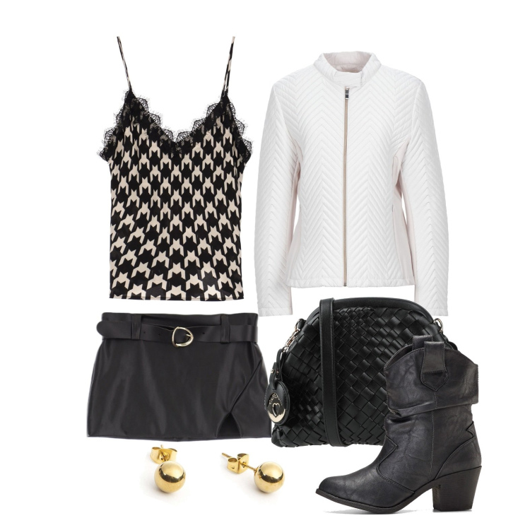 Outfit donna - Intrecci e quadri fashion. Stile Trendy per Tutti i giorni. Abbinamento con stivaletti texani, cappotti, borse a tracolla, orecchini, minigonne, top.