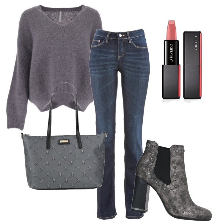 Outfit donna - Gli stivaletti fumé. Stile Casual chic per Ufficio. Abbinamento con jeans dritti, stivaletti, borse a mano, maglieria, rossetti.