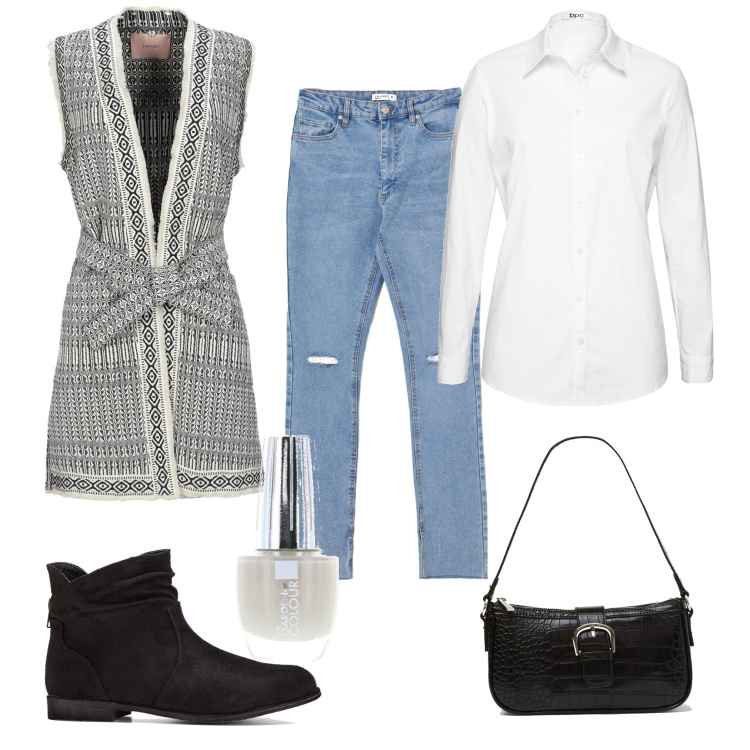 Outfit donna - In the afternoon. Stile Casual chic per Tutti i giorni. Abbinamento con camicie, stivaletti, cappotti, borse a spalla, jeans strappati, smalti.