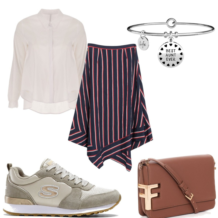 Outfit donna - Total look #1555116. Stile Sporty chic per Tutti i giorni. Abbinamento con sneakers, gonne longuette, borse a tracolla, camicie, ciondoli.