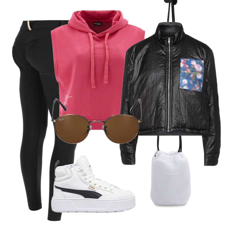 Outfit donna - Passeggiata. Stile Sporty chic per Tutti i giorni. Abbinamento con giacche, pantaloni skinny, felpe con cappuccio, sneakers alte, occhiali da sole, borse a spalla.