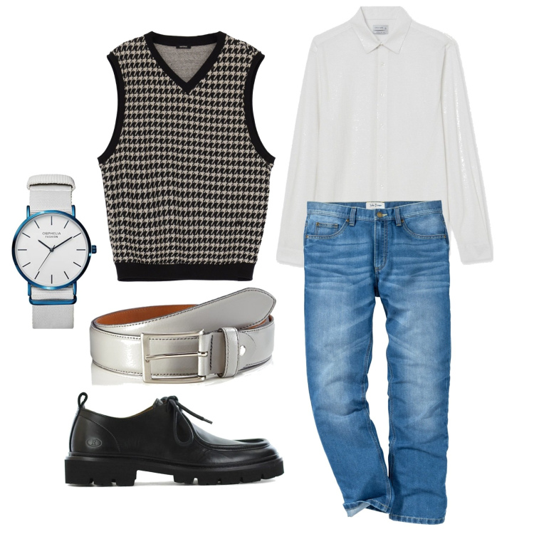 Outfit uomo - Accattivante in gilet. Stile Casual per Tutti i giorni. Abbinamento con jeans dritti, scarpe stringate, gilet, camicie, cinture, orologi analogici.