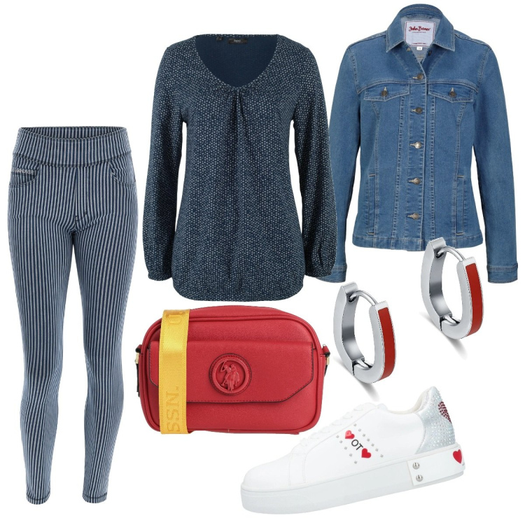 Outfit donna - Total look #1555291. Stile Urban per Tutti i giorni. Abbinamento con maglieria, blazer, sneakers, borse a tracolla, orecchini, pantaloni.