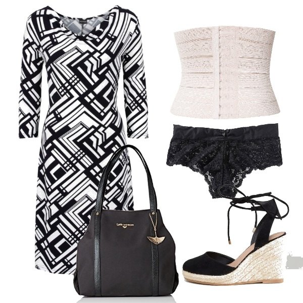 Outfit donna - Trucchi. Stile Basic per Tutti i giorni. Abbinamento con culotte, vestito fantasia con scollo a maniche 3/4 jersey nero, lingerie vita alta con fasce aderente, zeppe, borsa tote nero.