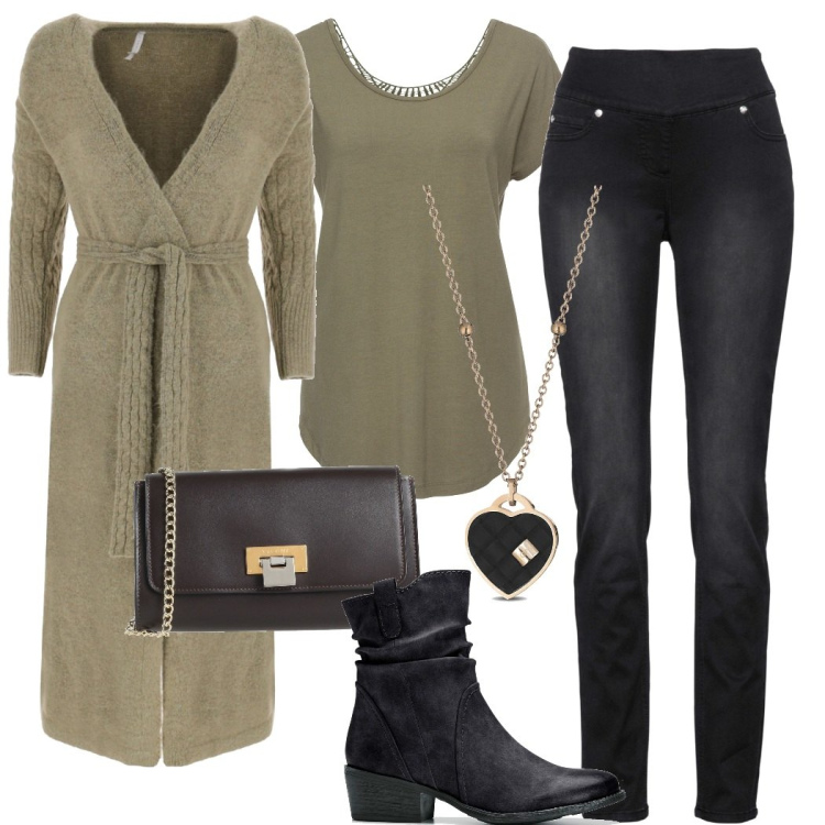 Outfit donna - Il cardigan lungo. Stile Casual chic per Tutti i giorni. Abbinamento con jeans, stivaletti texani, maglieria, borse a tracolla, collane, cardigans.