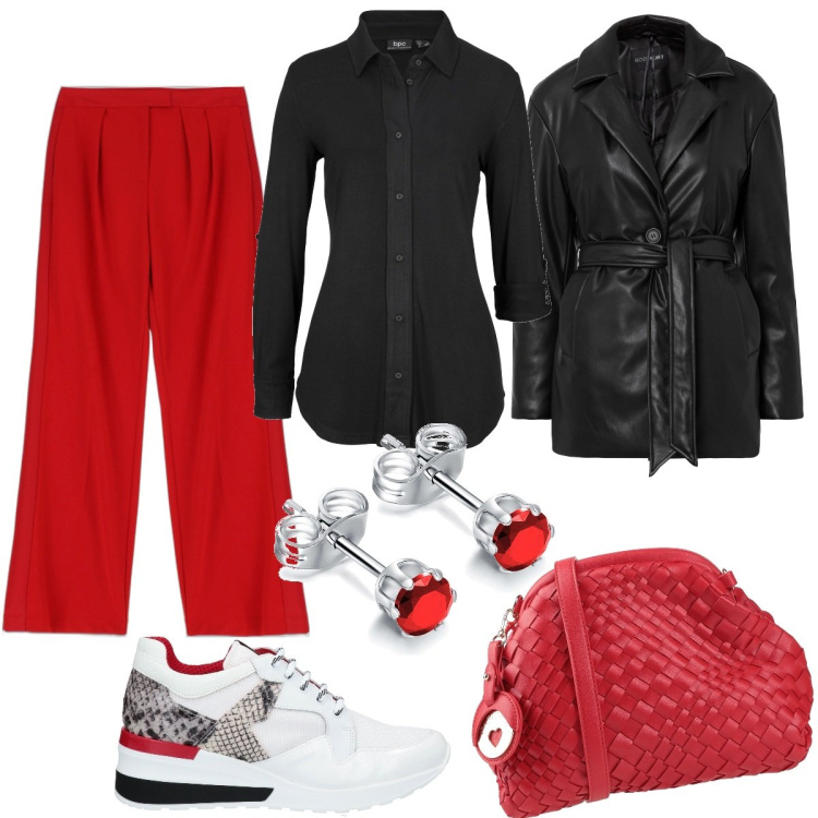 Outfit donna - Pratica ed elegante. Stile Sporty chic per Tutti i giorni. Abbinamento con camicie, giacche, sneakers, borse a tracolla, orecchini, pantaloni.